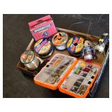 Fishing Gear Lot including Zebco OmniFlex, SpiderWire Stealth, and Ozark Trail Monofilament Lines, Reels, and Tackle Box