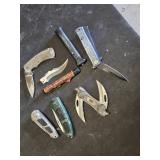 Lot of Folding Knives and Blades Including Multi-Tools and Decorative Knives for Parts or Repair