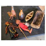 African Cultural Artifacts Collection including Wooden Dolls, Camel Figurine, and Decorative Vessels