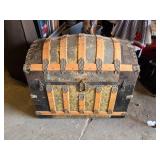 Antique Steamer Trunk with Decorative Interior - Hinge Holder is Missing or Bad