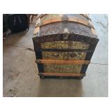 Antique Steamer Trunk with Decorative Interior - Hinge Holder is Missing or Bad