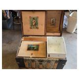 Antique Steamer Trunk with Decorative Interior - Hinge Holder is Missing or Bad