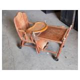 Antique Wooden High Chair with Tray and Wheels