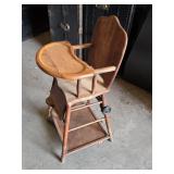 Antique Wooden High Chair with Tray and Wheels