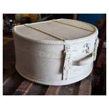 White Vintage Hat Box with Leather Straps and Handle