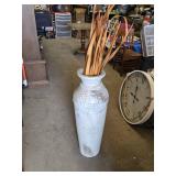 Large Distressed White Metal Vase with Decorative Rivets and Dried Foliage - 38" tall