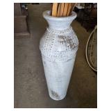 Large Distressed White Metal Vase with Decorative Rivets and Dried Foliage - 38" tall