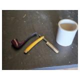 Hess Hair Milk Laboratories Straight Razor, Pipe and White Ceramic Mug