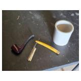Hess Hair Milk Laboratories Straight Razor, Pipe and White Ceramic Mug
