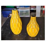 Ceramic Vases Set Including Yellow and Blue Geometric Patterned Vases