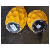 Ceramic Vases Set Including Yellow and Blue Geometric Patterned Vases