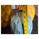 Ceramic Vases Set Including Yellow and Blue Geometric Patterned Vases