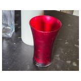 Vases and Decorative Containers Including Tall White Vase, Red Vase, and Clear Glass Vases