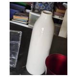 Vases and Decorative Containers Including Tall White Vase, Red Vase, and Clear Glass Vases