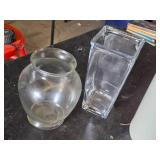 Vases and Decorative Containers Including Tall White Vase, Red Vase, and Clear Glass Vases