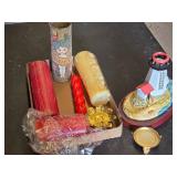 Box of Assorted Candles, Decorative Lighthouse, and Candle Holders