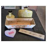 Decorative Home Items Including Vases, Box, and Signs
