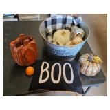 Halloween and Fall Themed Decorations including Metal Bucket, Decorative Pumpkins, and Boo Pillow