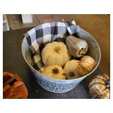 Halloween and Fall Themed Decorations including Metal Bucket, Decorative Pumpkins, and Boo Pillow