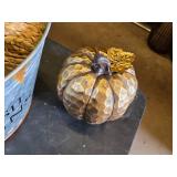 Halloween and Fall Themed Decorations including Metal Bucket, Decorative Pumpkins, and Boo Pillow