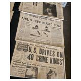 Lot of Vintage Newspaper Front Pages Featuring Apollo 11 Moon Landing and Return Events