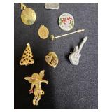 Assorted Jewelry Pins and Brooches Collection including Christmas Tree Brooch, Angel Pin, Rock Guitar Pin and More
