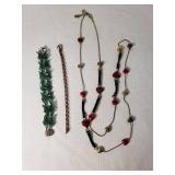 Green Beaded Bracelet, Copper Chain Bracelet, and Heart Necklace Set