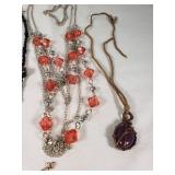Lot of Fashion Necklaces and Accessories Including Beaded and Chain Styles, Leather Cord Pendant, and Crocheted Choker