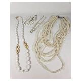 Vintage and Costume Jewelry Lot including Multi-Strand Pearl Necklace, Beaded Necklaces, and Gold-Tone Accents