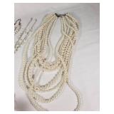 Vintage and Costume Jewelry Lot including Multi-Strand Pearl Necklace, Beaded Necklaces, and Gold-Tone Accents