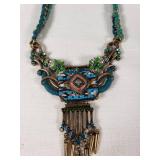 Bohemian Style Statement Necklace with Antique Brass, Beads, and Fabric
