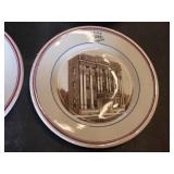 Set of Vintage plates featuring buildings with "I.O.O.F." and "1914" markings , Glass Juicer, and Christmas-Themed Jar