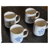 Set of Ceramic Mugs with Blue Floral and Windmill Designs