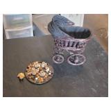 Miniature Decorative Baby Carriage and Mosaic Tile Plate with Cherub Tea Set Figurines