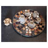 Miniature Decorative Baby Carriage and Mosaic Tile Plate with Cherub Tea Set Figurines