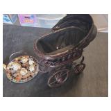 Miniature Decorative Baby Carriage and Mosaic Tile Plate with Cherub Tea Set Figurines
