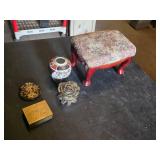 Floral Patterned Footstool, Decorative Vase, Brass Floral Box and More