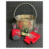Galvanized Beer Caddy with opener Planet Hollywood Shot Glasses 1996 Atlanta Olympics Shot Glasses MLB All Star Game Can Coozies