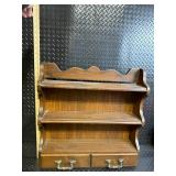 Vintage Wooden Wall Shelf with Scalloped Crest and Two Drawers