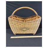Vintage Woven Wicker Basket with Wrapped Handle and Decorative Diamond Weave Pattern