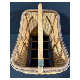 Vintage Woven Wicker Basket with Wrapped Handle and Decorative Diamond Weave Pattern