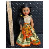 Vintage Mid Century Mexican Ethnic Souvenir Doll with Floral Dress and Beaded Necklace, Braided Hair