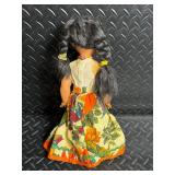 Vintage Mid Century Mexican Ethnic Souvenir Doll with Floral Dress and Beaded Necklace, Braided Hair