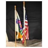 Iris Flower Garden Flag & US Flag on Wood Poles (Lot of 2)
