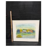 Framed and Signed Original Watercolor Rural Landscape with Barns and Trees Stalland 96