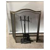 Brass Hammered Fireplace Screen with Tool Set