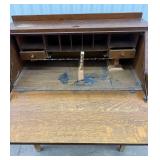 Vintage Oak Secretary Desk with Drop-Front Writing Surface and Pigeonhole Cubby