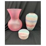 Assorted Glass Vases & Jars (Flared Frosted Vase, Striped Wave Vase, 2 Lidded Jars) (Lot of 4)