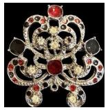 Vintage Silver Tone Brooch with Red, Black & Clear Stones