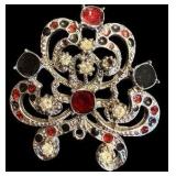 Vintage Silver Tone Brooch with Red, Black & Clear Stones